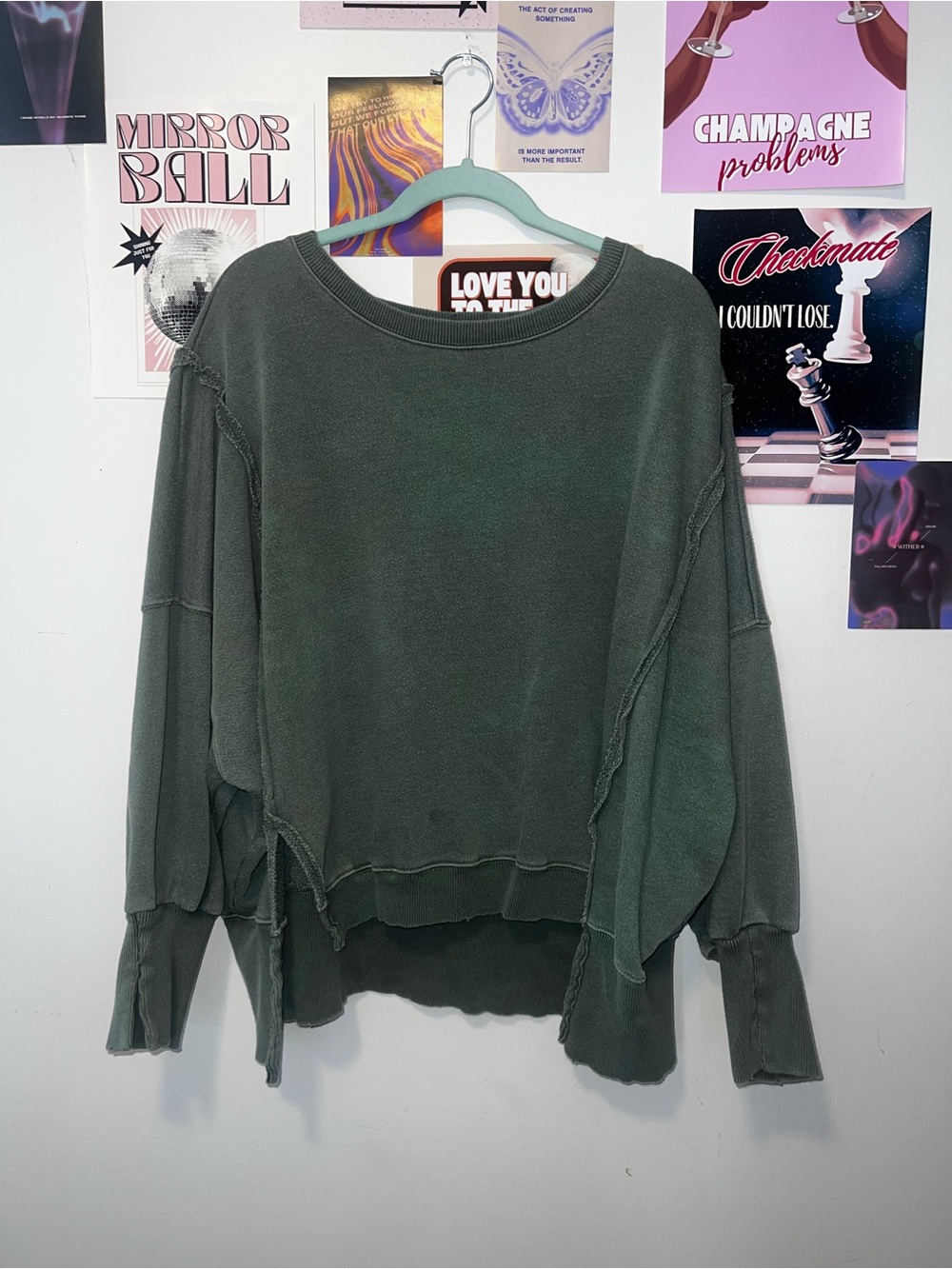 We The Free Washed Olive Green Raw-Edge Pullover Sweatshirt - Picture 5 of 6